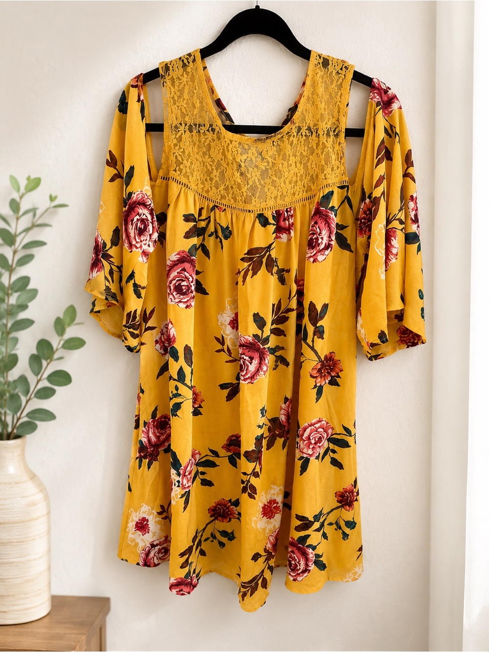 Women’s Mustard Floral Cold-Shoulder Lace Yoke Top